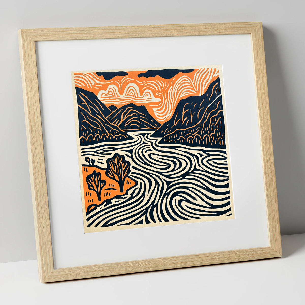 Ullswater in Terracotta and Navy lake district lake art print in natural frame