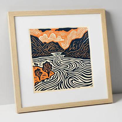 Ullswater in Terracotta and Navy lake district lake art print in natural frame