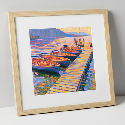 Vibrant Windermere Rowing Boats lake district lake art print in natural frame