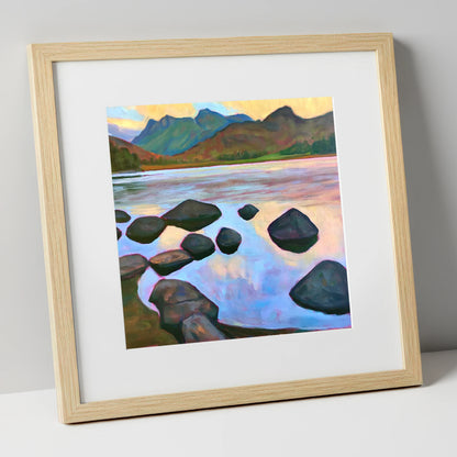 Elterwater Rocks at Sunset lake district lake art print in natural frame