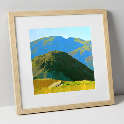 Vibrant Hard Knott and Blue Peaks lake district fell art print in natural frame