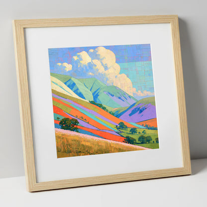 Vivid Colours on Rolling Fells lake district fell art print in natural frame