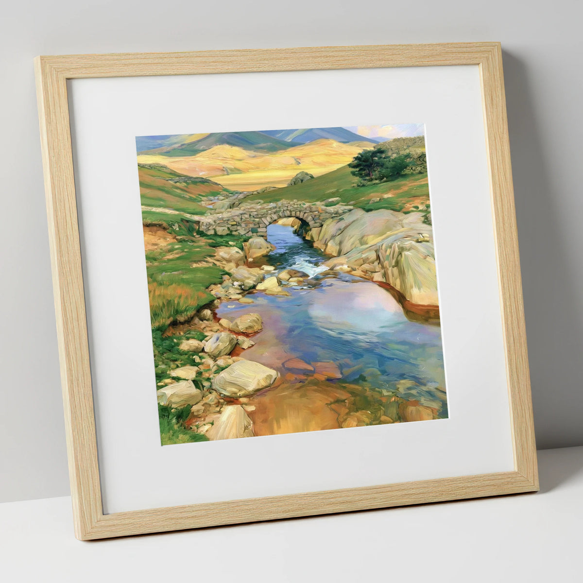 Stone Bridge Beneath Golden Fells lake district waterfall art print in natural frame