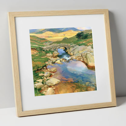 Stone Bridge Beneath Golden Fells lake district waterfall art print in natural frame