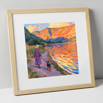 Colourful Dog Walk at Ullswater gifts for dog walkers art print in natural frame