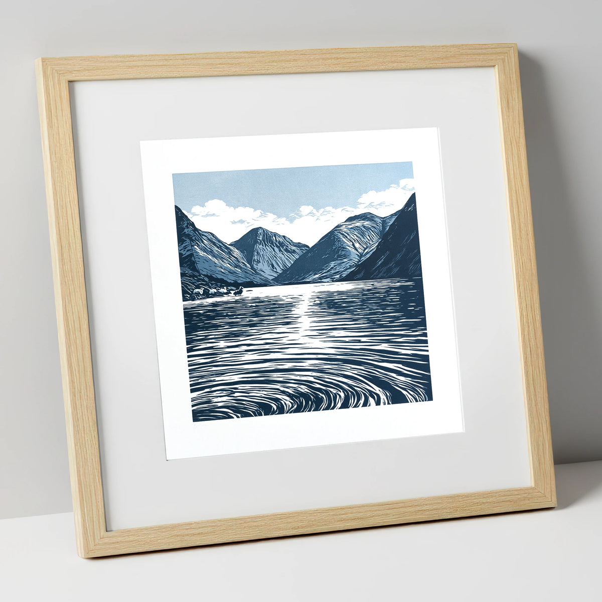 Wastwater Fells in Deep Navy lake district lake art print in natural frame