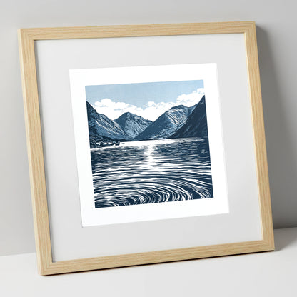 Wastwater Fells in Deep Navy lake district lake art print in natural frame