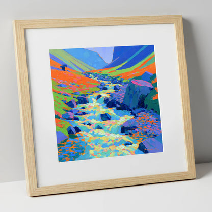 Vivid Flowing Fellside Beck lake district waterfall art print in natural frame