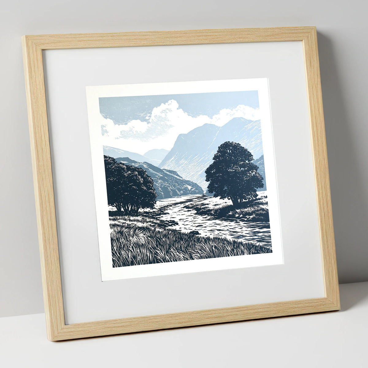 Borrowdale River in Slate Blue lake district valley art print in natural frame