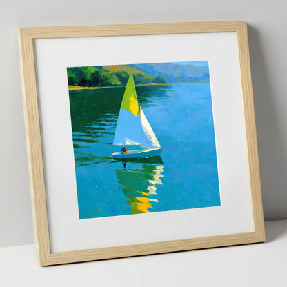 Blue Lake Sailing in Summer Light lake district walking art print in natural frame
