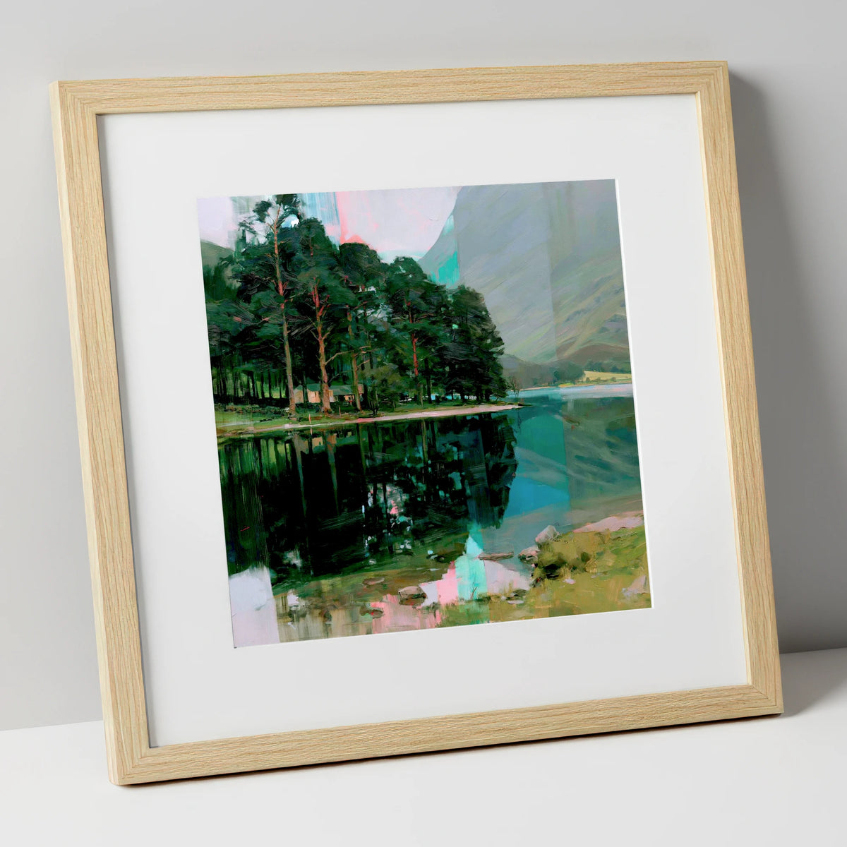 Buttermere Pines in Modern Light lake district lake art print in natural frame