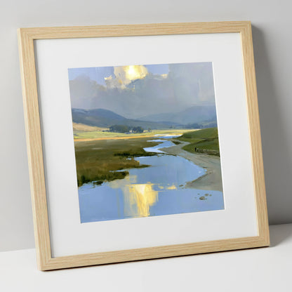 Winding River Below Rolling Fells lake district fell art print in natural frame