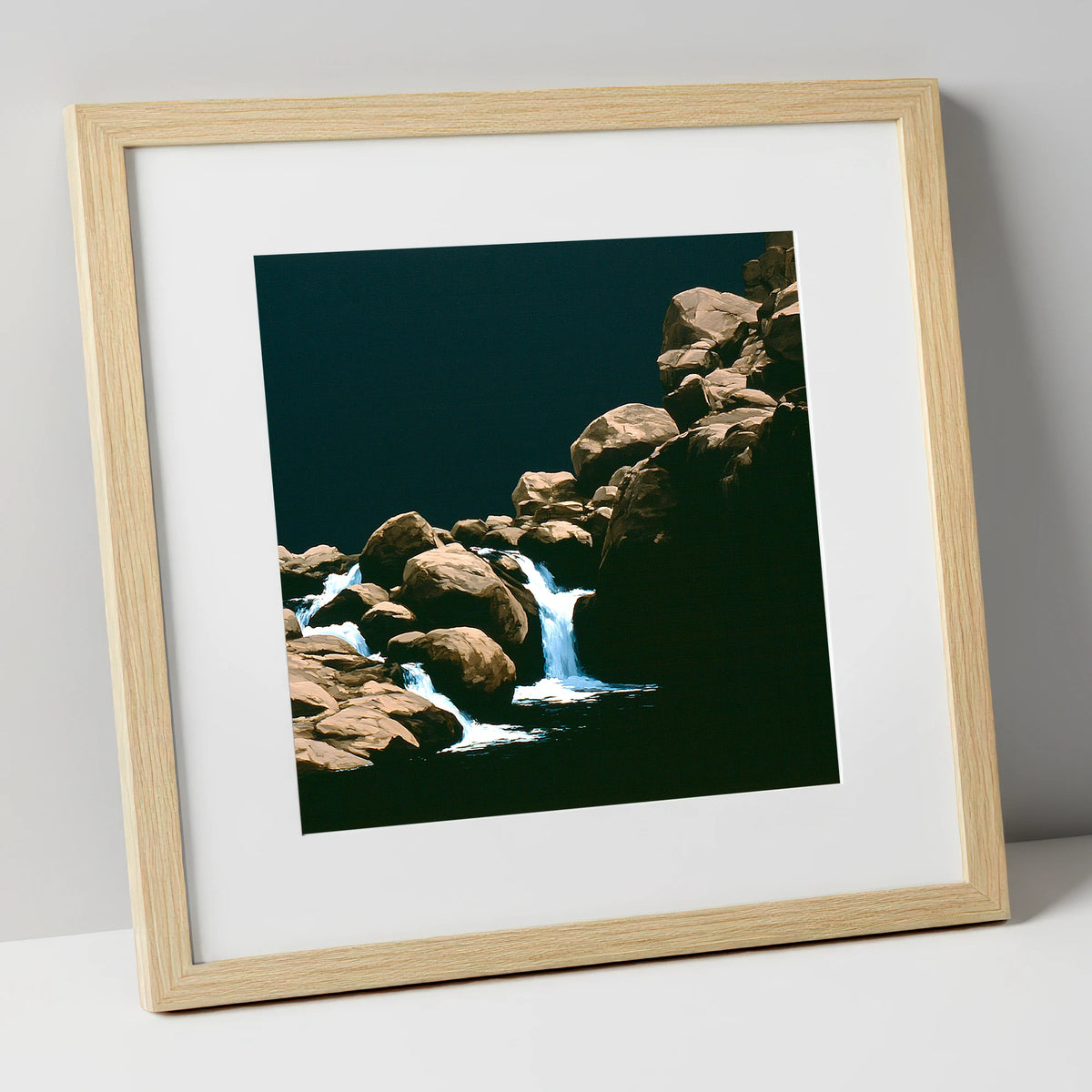 Tumbling Waterfall Among Sunlit Boulders lake district waterfall art print in natural frame