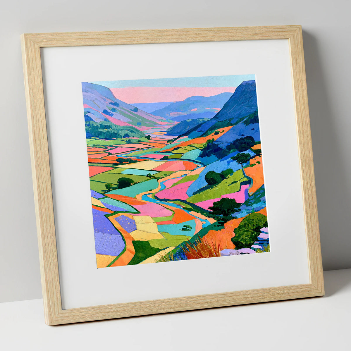 Vibrant Patchwork Fields and Fells lake district valley art print in natural frame