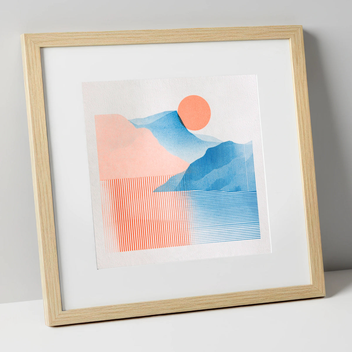 Geometric Derwentwater Sunrise lake district lake art print in natural frame