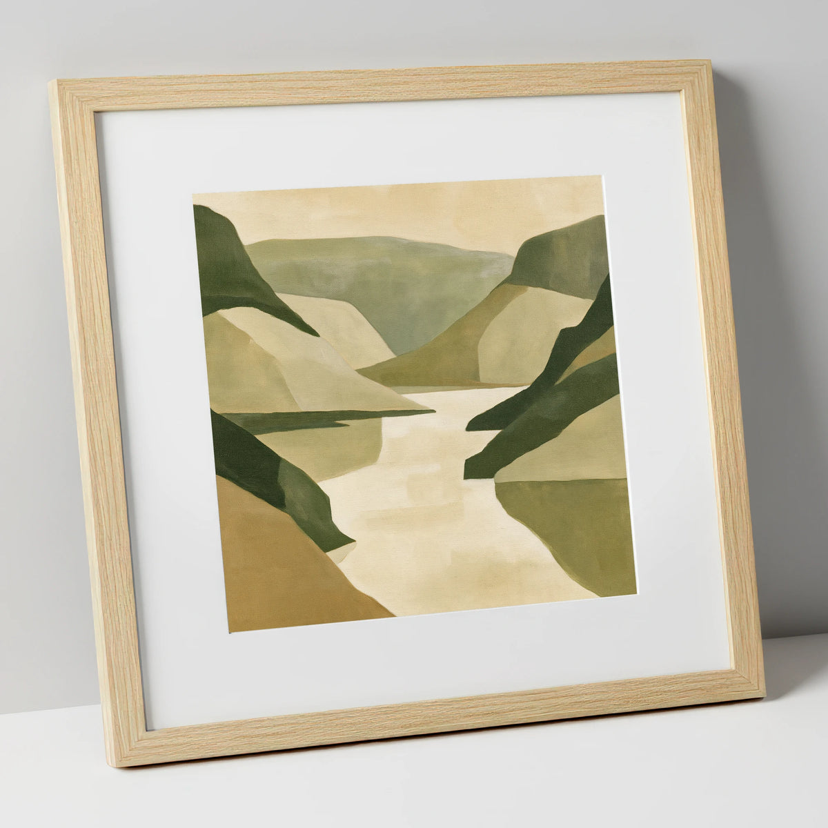 Geometric Fells and Pale Lake lake district lake art print in natural frame