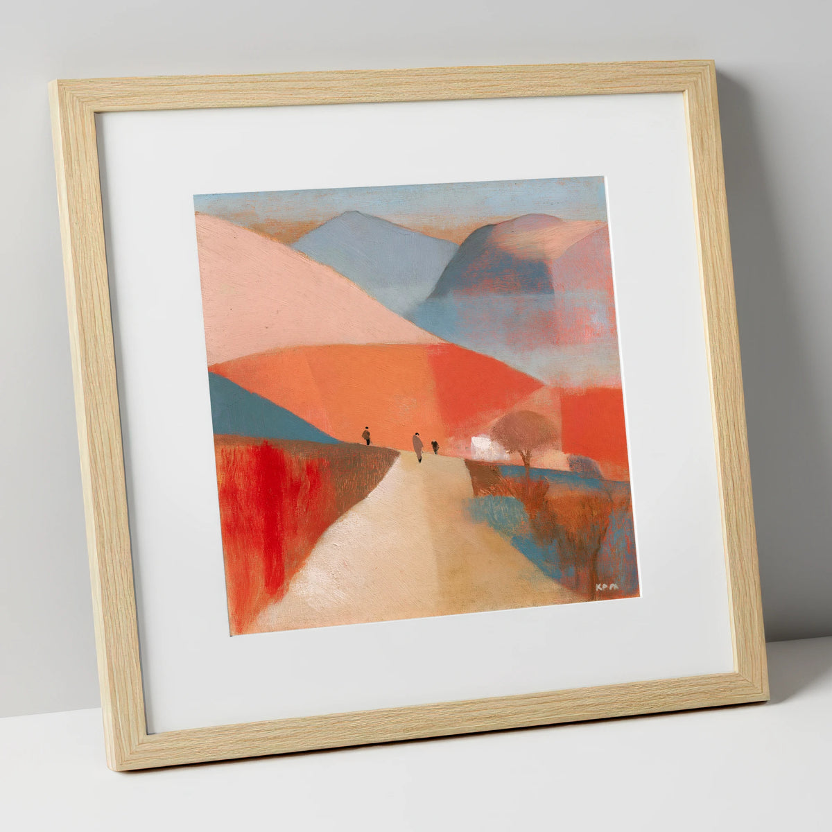 Walkers on a Coral Mountain Path lake district walking art print in natural frame