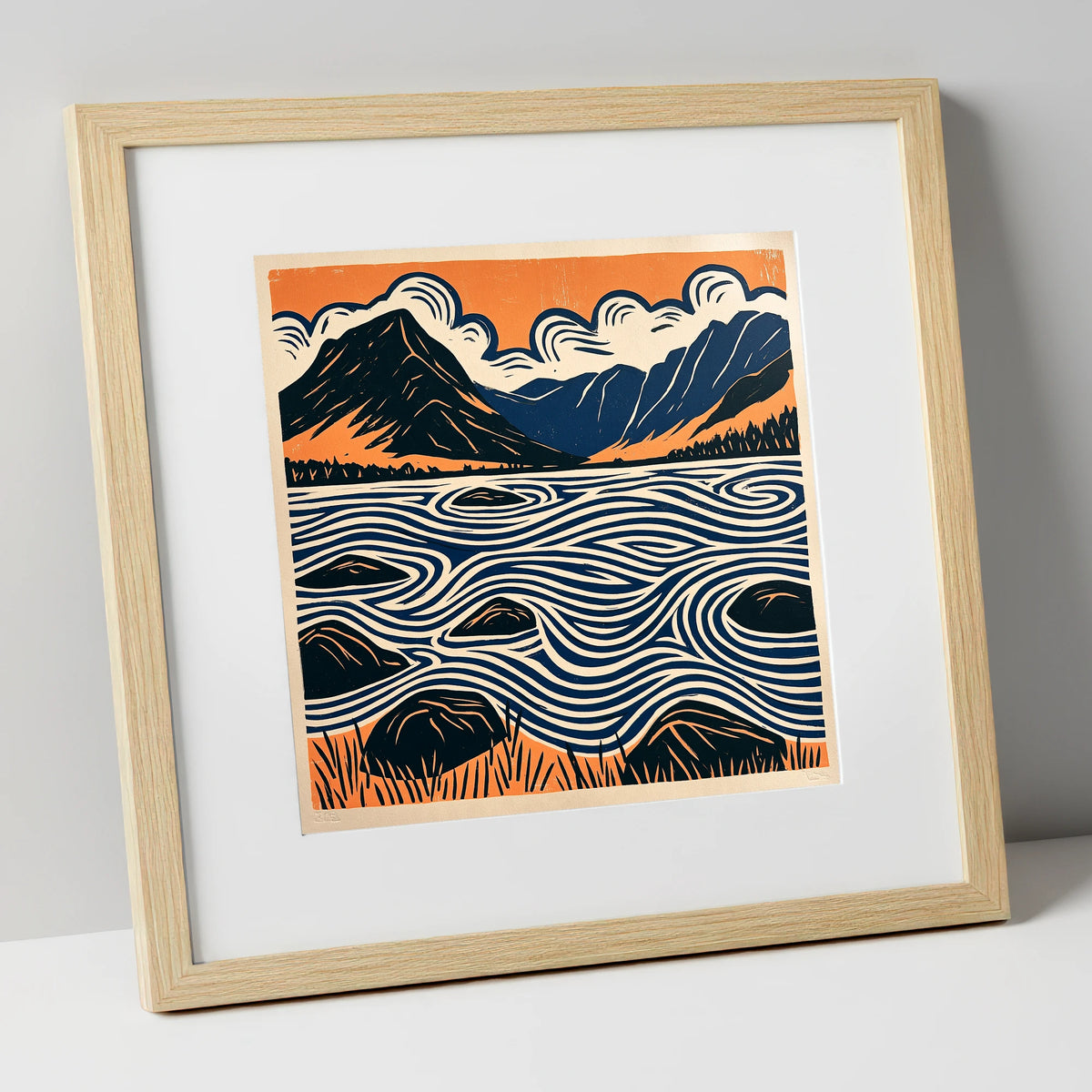 Crummock Water with Swirling Waves lake district lake art print in natural frame