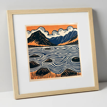 Crummock Water with Swirling Waves lake district lake art print in natural frame