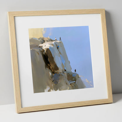 Climbers on a Sunlit Crag lake district walking art print in natural frame