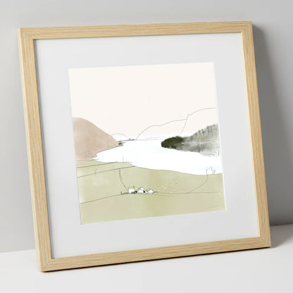 Loweswater Farm and Pale Fells lake district lake art print in natural frame