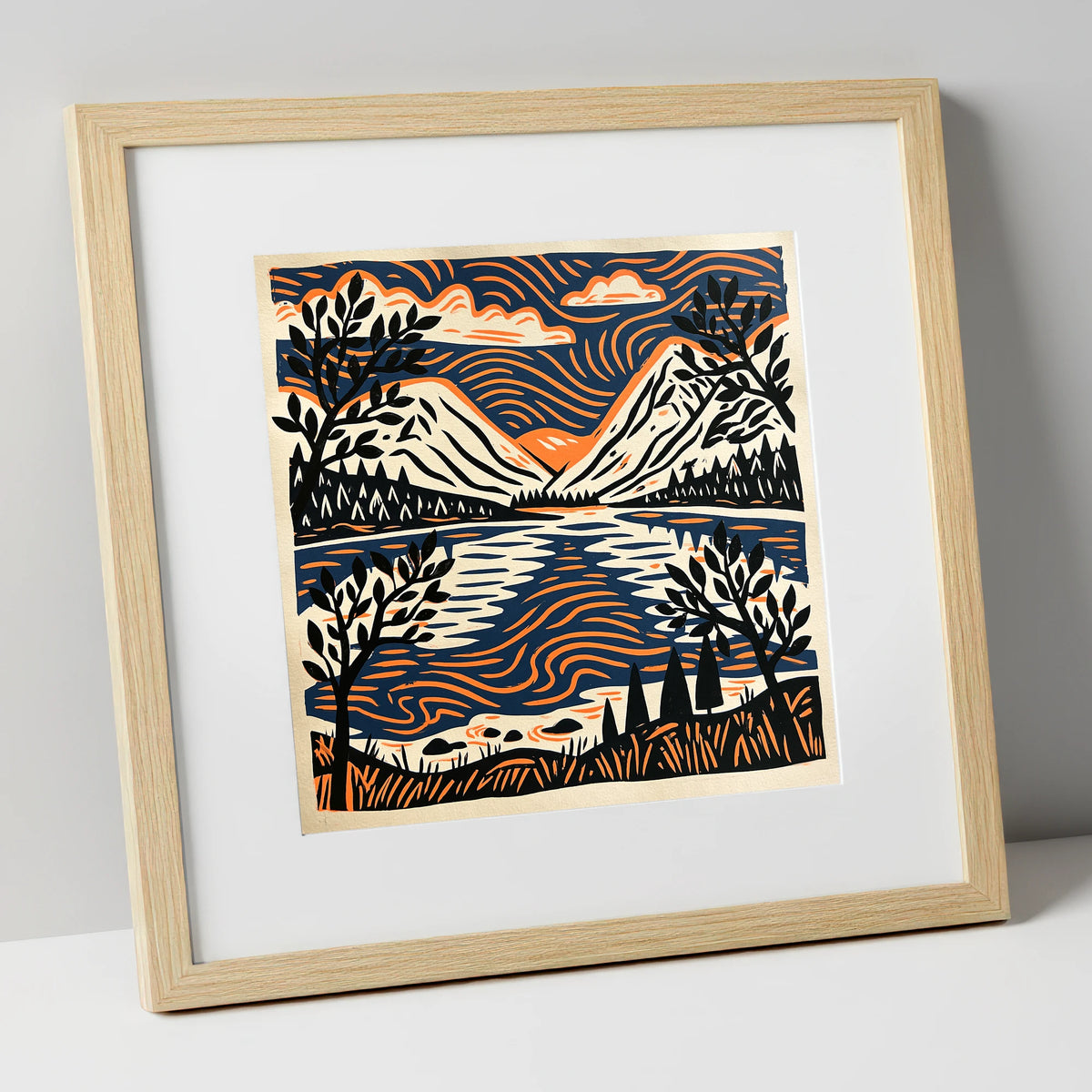 Lake Reflections in Navy and Orange lake district lake art print in natural frame