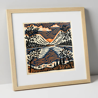 Lake Reflections in Navy and Orange lake district lake art print in natural frame