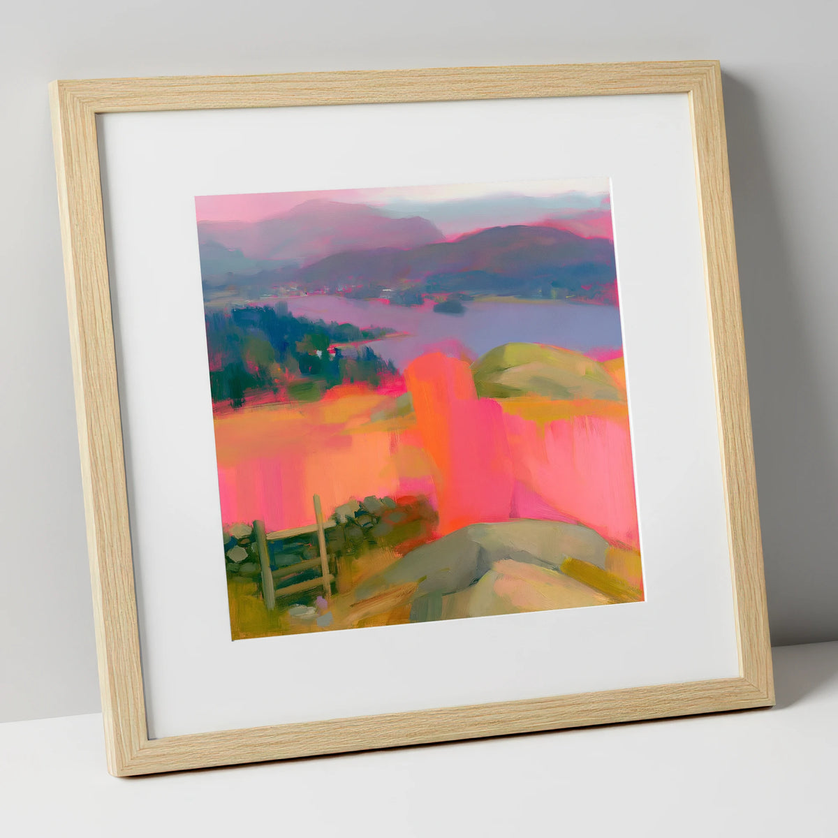 Vibrant Ambleside from Loughrigg lake district village art print in natural frame