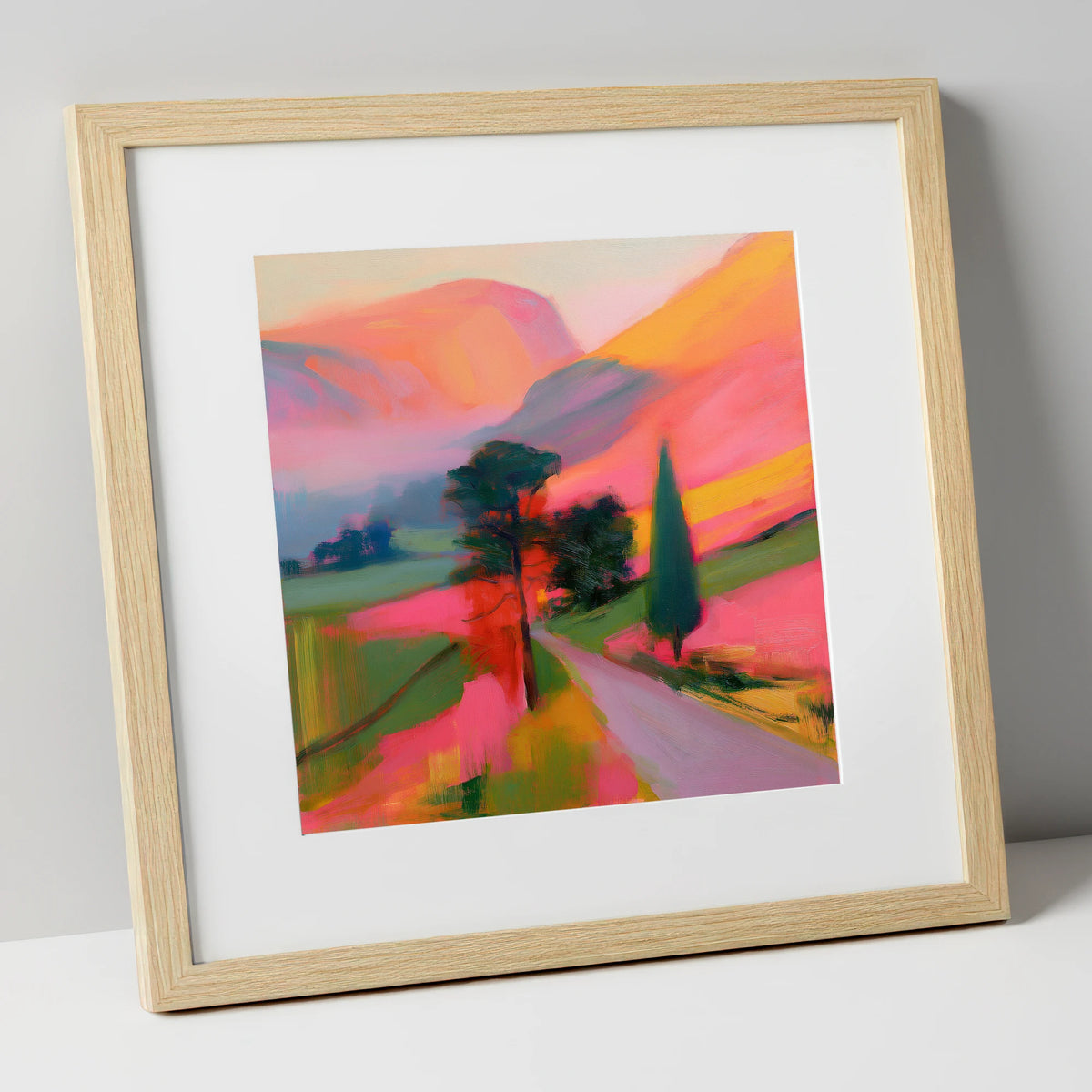 Neon Morning Valley Mist lake district sky art print in natural frame
