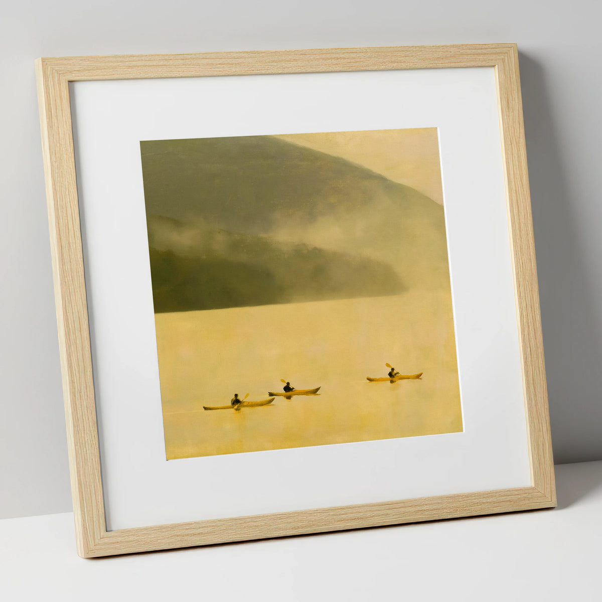 Lake Kayaking in Golden Mist lake district walking art print in natural frame