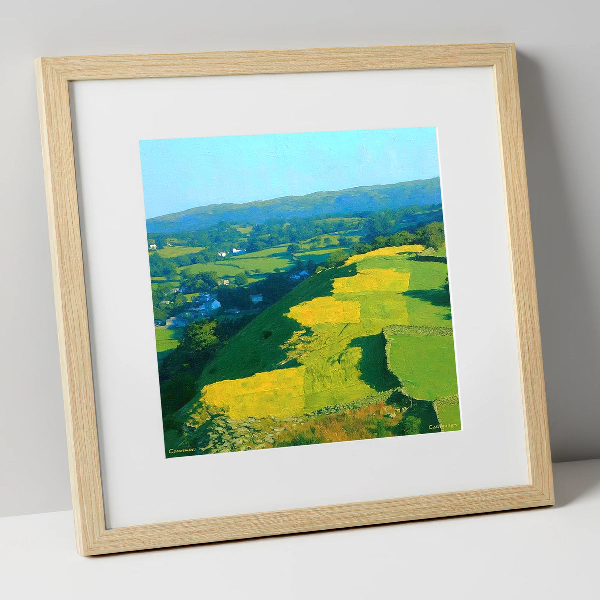 Sunlit Patchwork on Baystones Ridge lake district fell art print in natural frame