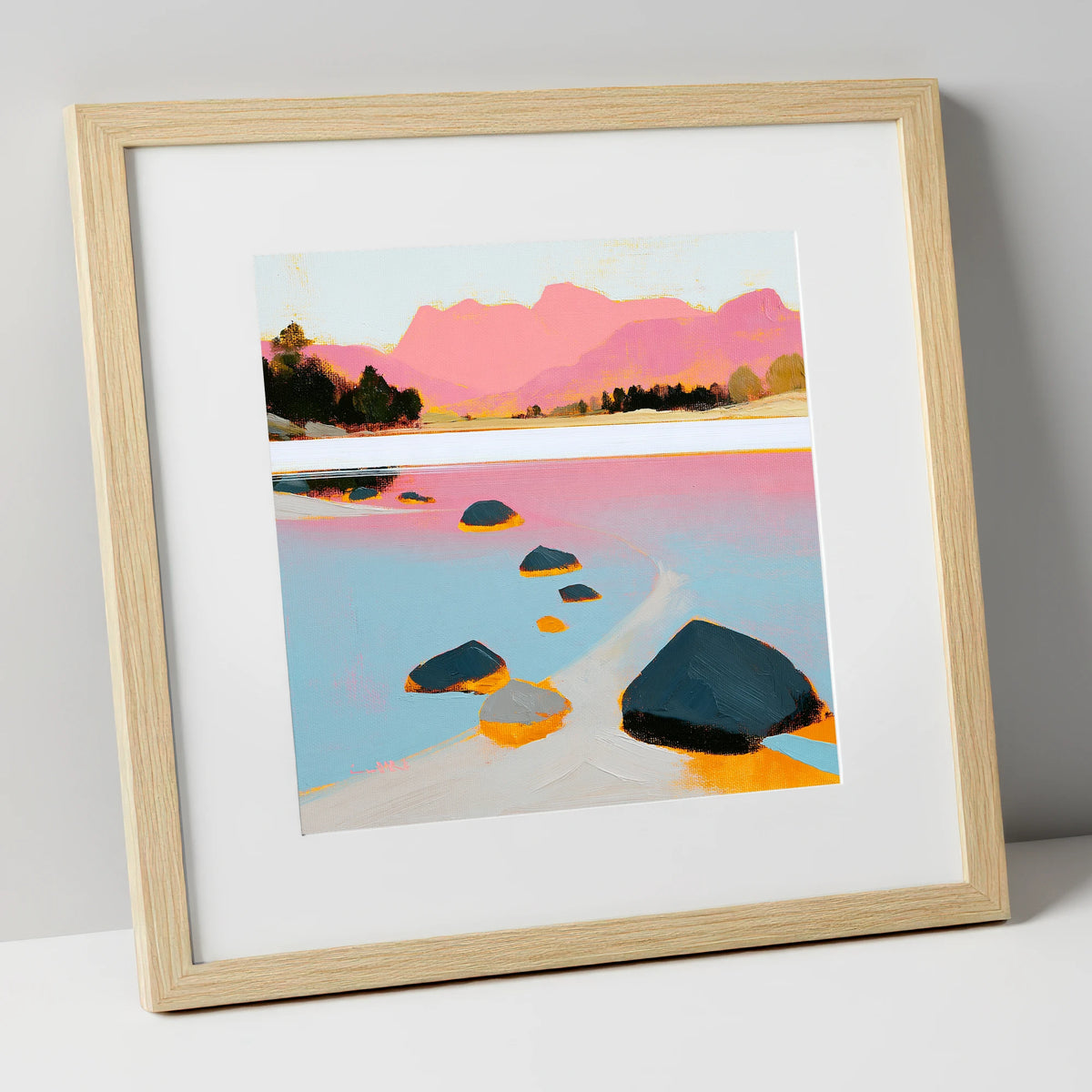 Elterwater Rocks and Pink Fells lake district lake art print in natural frame