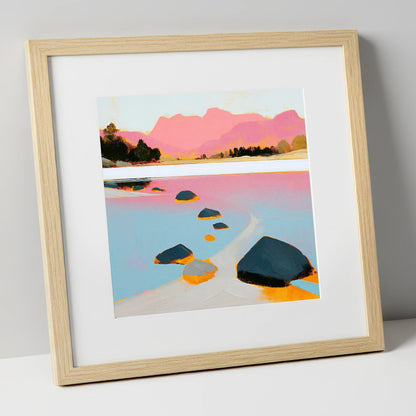 Elterwater Rocks and Pink Fells lake district lake art print in natural frame