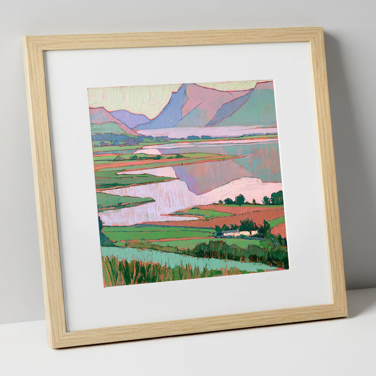 Morning Mist Over Pastel Valley lake district sky art print in natural frame