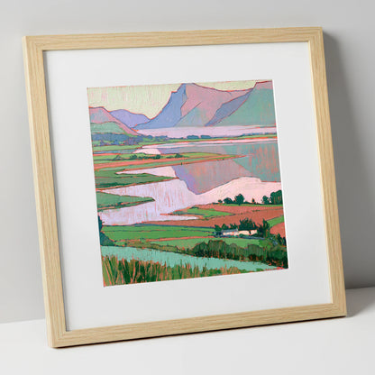 Morning Mist Over Pastel Valley lake district sky art print in natural frame
