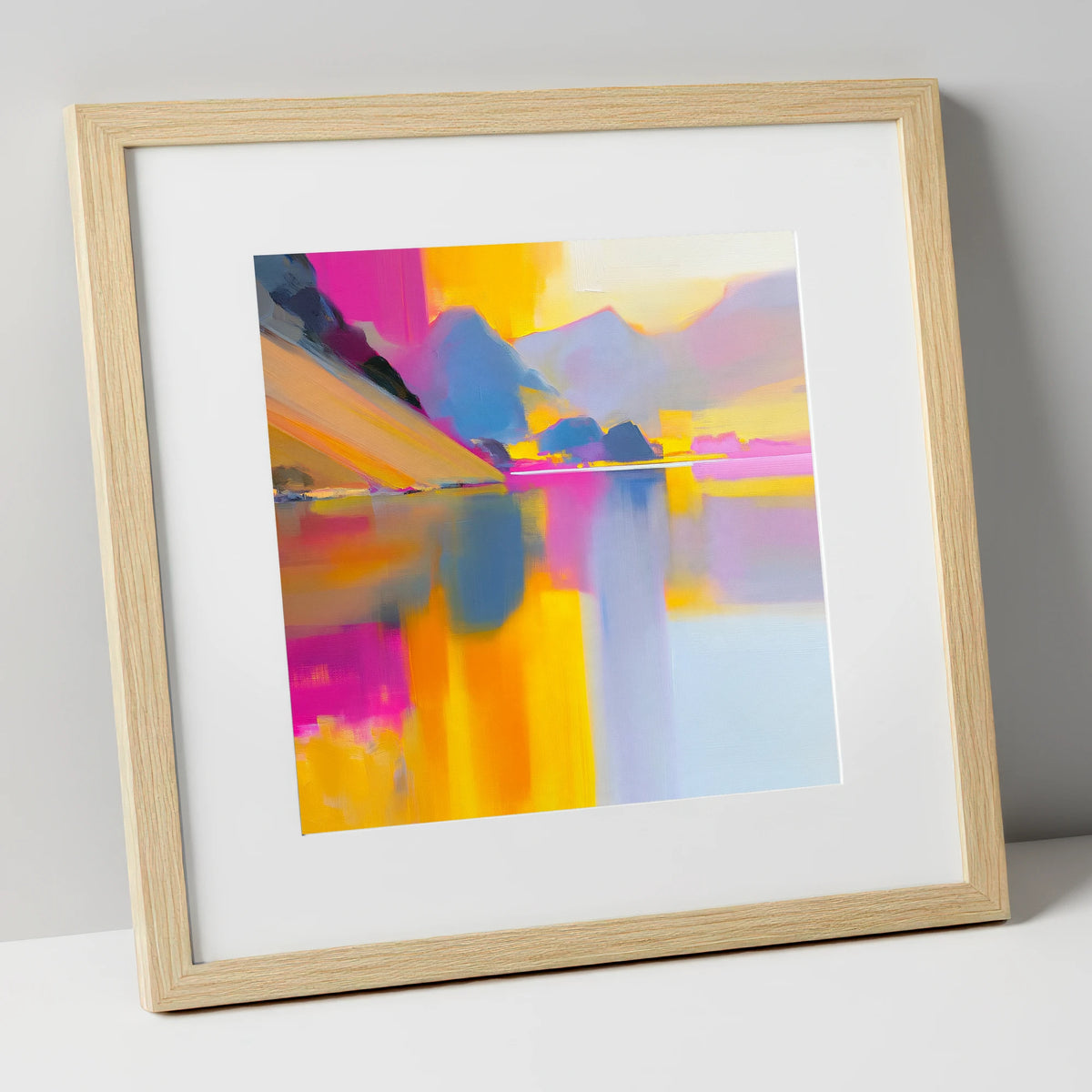 Loweswater Fells in Bold Magenta lake district lake art print in natural frame