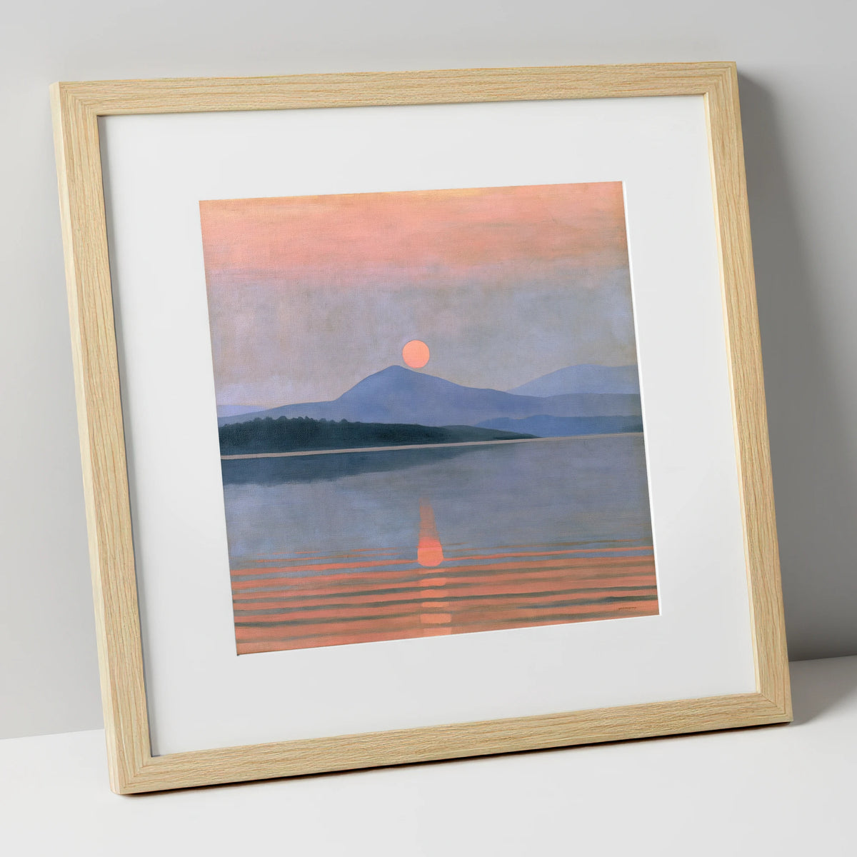 Peach Sunset Over the Water lake district lake art print in natural frame