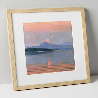 Peach Sunset Over the Water lake district lake art print in natural frame
