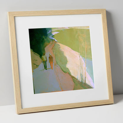 Hikers on Lakeside Mountain Path lake district walking art print in natural frame