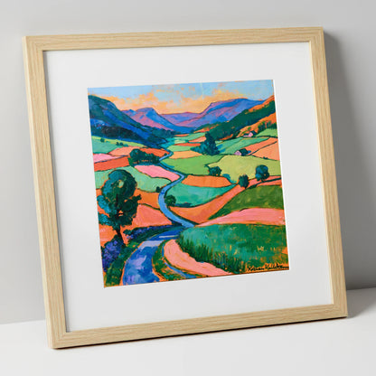 Colourful Patchwork Lake District Dale lake district valley art print in natural frame