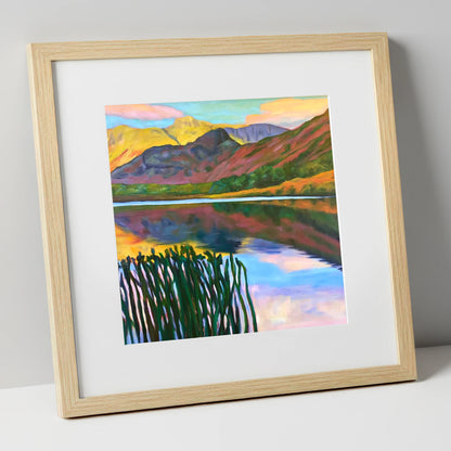 Vibrant Sunset Over Elterwater lake district lake art print in natural frame