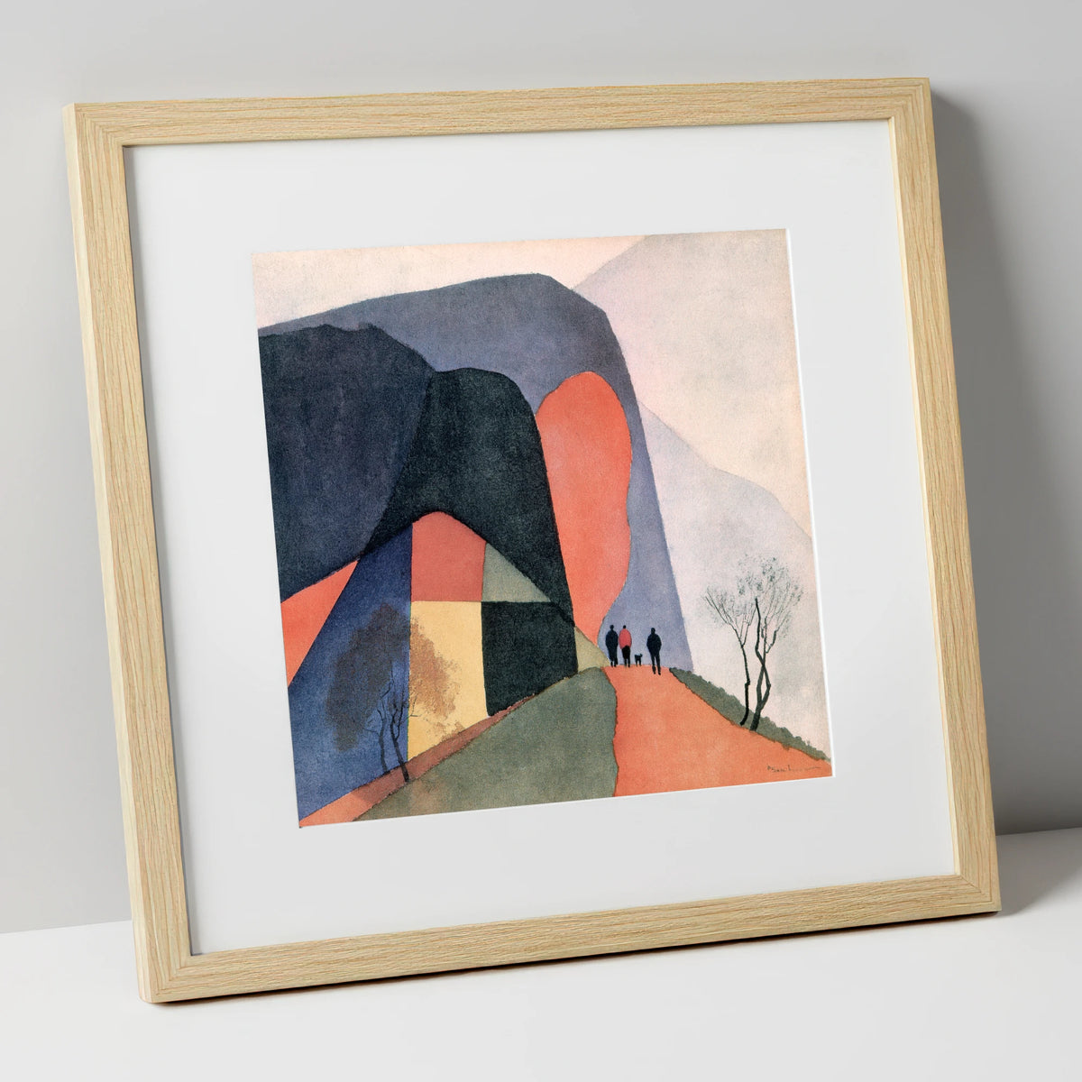 Walkers on a Terracotta Fell Path lake district walking art print in natural frame