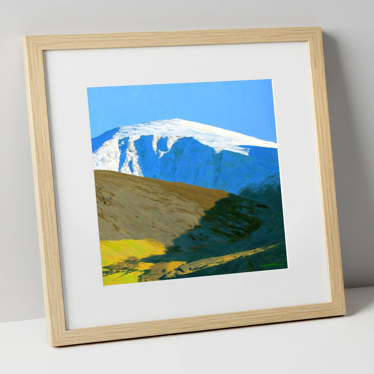 Sunlight on Snow Capped Raise lake district fell art print in natural frame