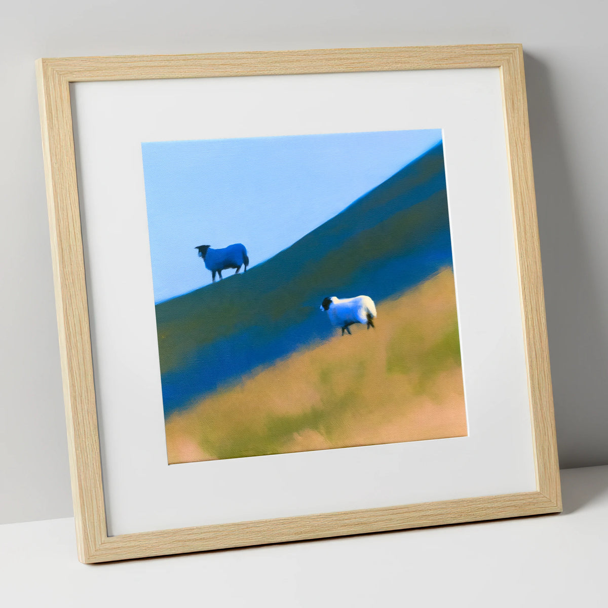 Herdwick Sheep on Blue Fellside lake district wildlife art print in natural frame