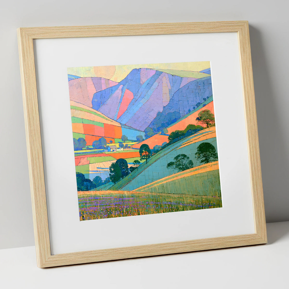 Vibrant Patchwork Fells at Evening lake district sky art print in natural frame