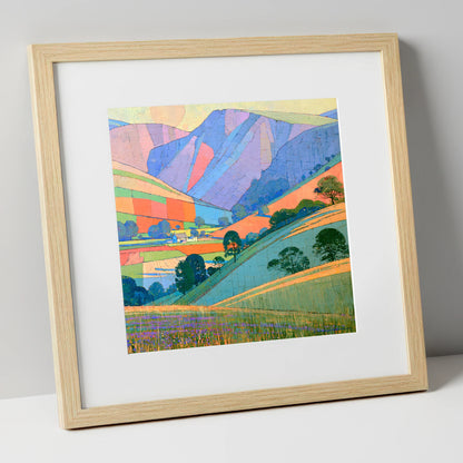 Vibrant Patchwork Fells at Evening lake district sky art print in natural frame
