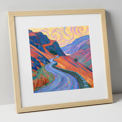 Winding Mountain Pass in Amber and Violet lake district valley art print in natural frame
