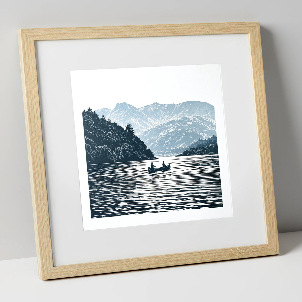 Windermere Canoe In Deep Blue lake district lake art print in natural frame