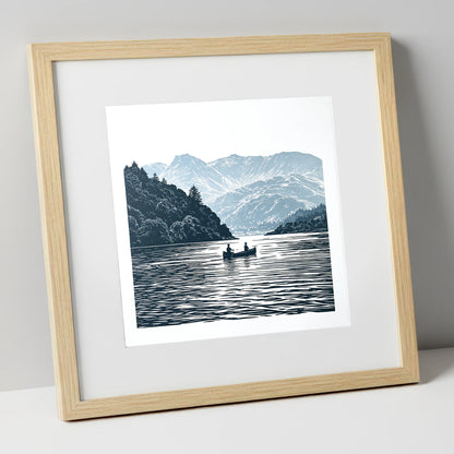 Windermere Canoe In Deep Blue lake district lake art print in natural frame
