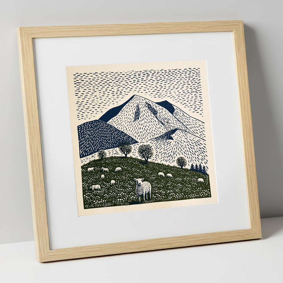 Skiddaw with Grazing Flock lake district fell art print in natural frame